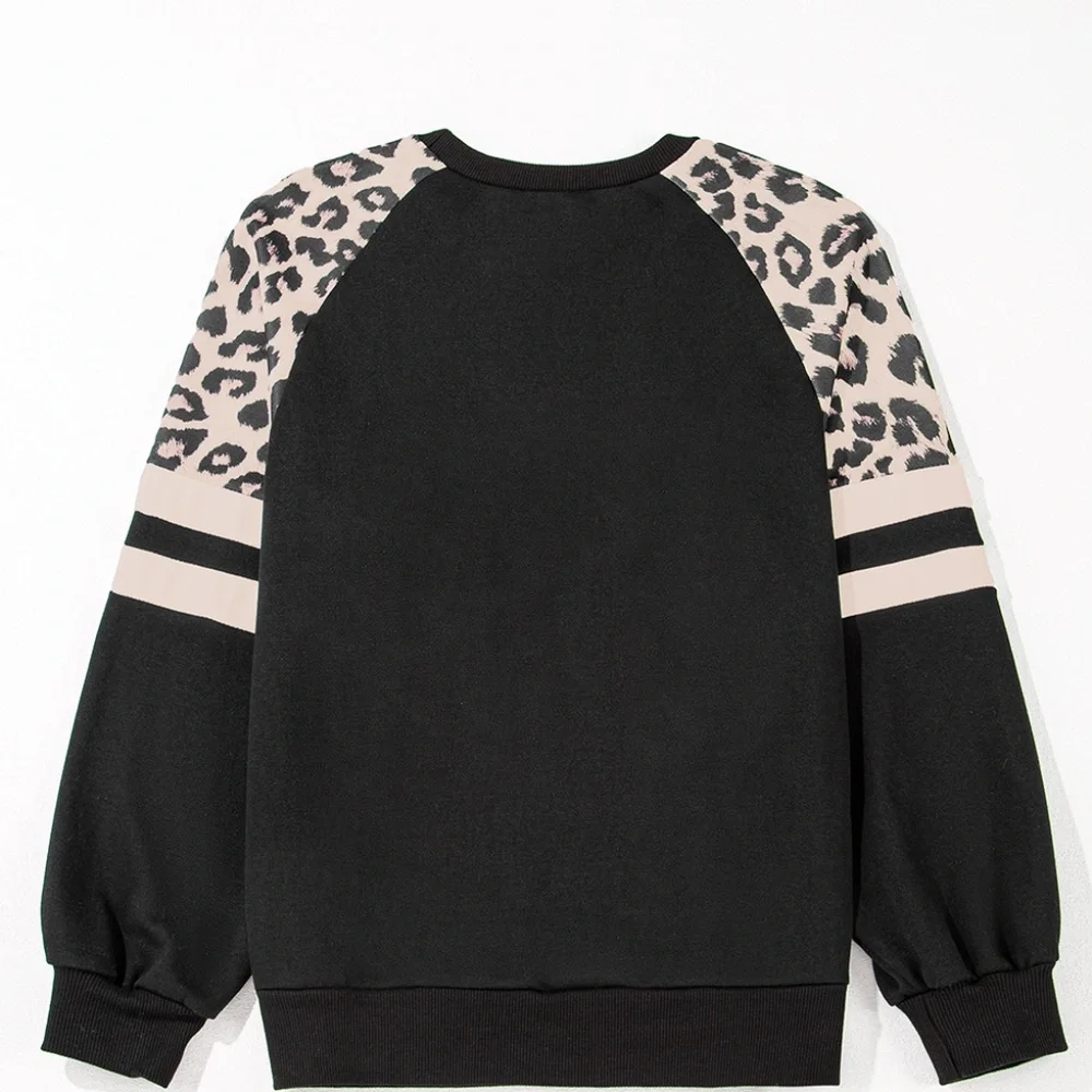 1 MEDIUM LEFT!!! Black Leopard Print Colorblock Raglan Sleeve Sweatshirt - Picture 8 of 14